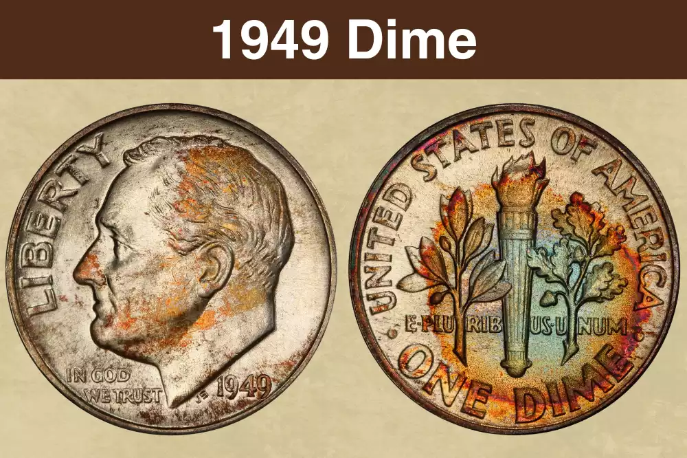 1949 Roosevelt dime obverse and reverse showing mint mark location and design details