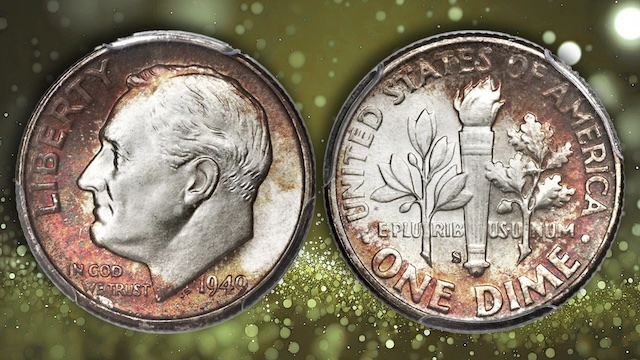 Side-by-side comparison of 1949 Roosevelt dime common strike torch versus Full Bands torch showing band separation difference