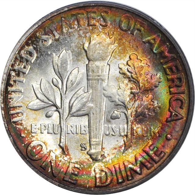 1949-S Roosevelt dime Full Bands designation showing complete separation of horizontal torch bands under magnification