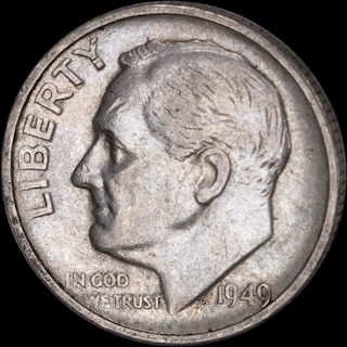 1949-S dime RPM-002 variety showing secondary S mint mark impression shifted northwest, more pronounced than RPM-001