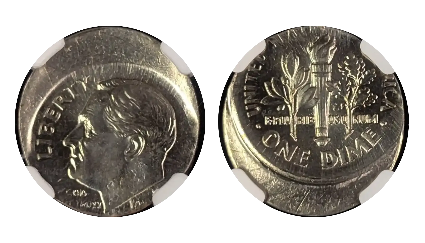 1949 Roosevelt dime off-center strike error showing displaced design and blank crescent area on the planchet