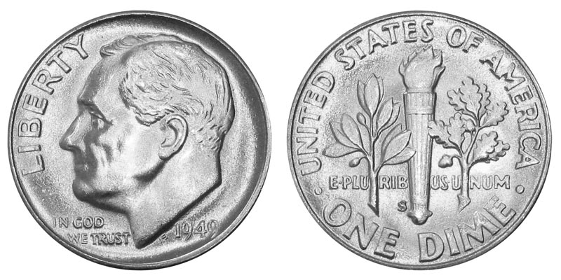1949 Roosevelt dime mintage comparison showing Philadelphia, Denver, and San Francisco mint specimens