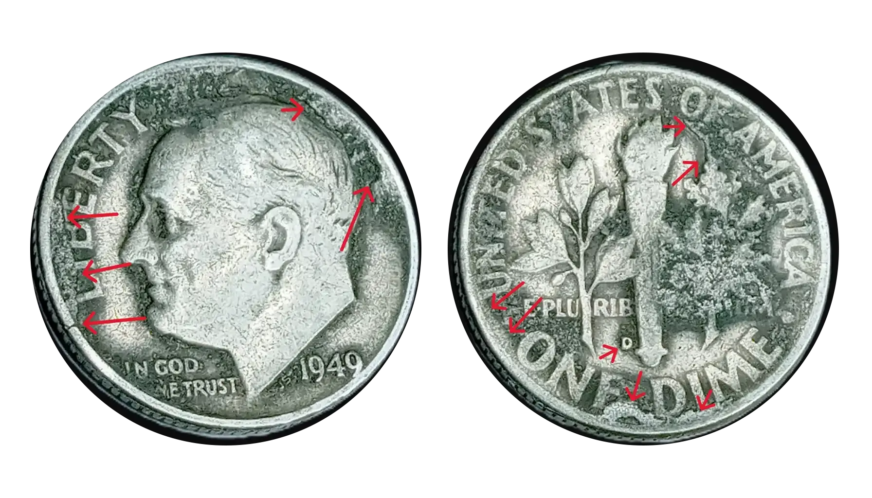 1949 Roosevelt dime grading strip showing four condition tiers from worn Good through Gem Uncirculated MS65